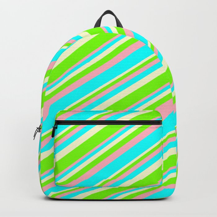 Light Yellow, Green, Light Pink, and Cyan Colored Striped/Lined Pattern Backpack
