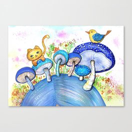 Blue Mushrooms, cat and bird Canvas Print