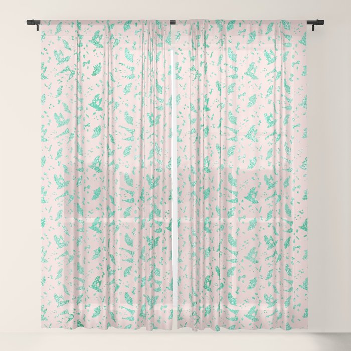 Aqua Blue Metallic Foil Animal Spots on Pink Rosebud Sheer Curtain by