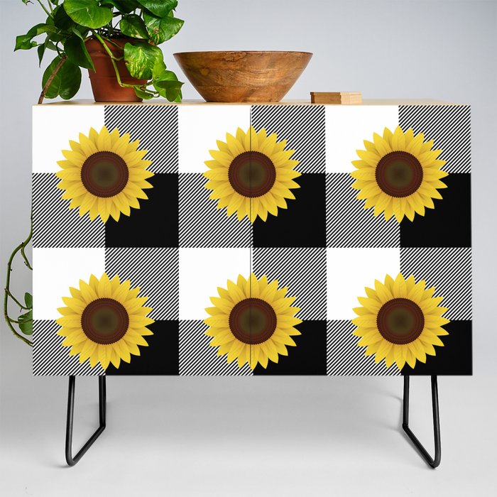 Sunflower And Black Buffalo Plaid Pattern,Black And White Buffalo Check,Checkered,Gingham,Farmhouse,Country.Flannel,Rustic,Summer, Credenza
