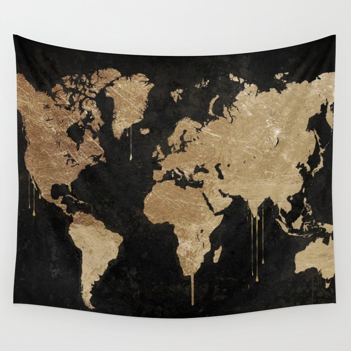 Gold World Map Wall Tapestry