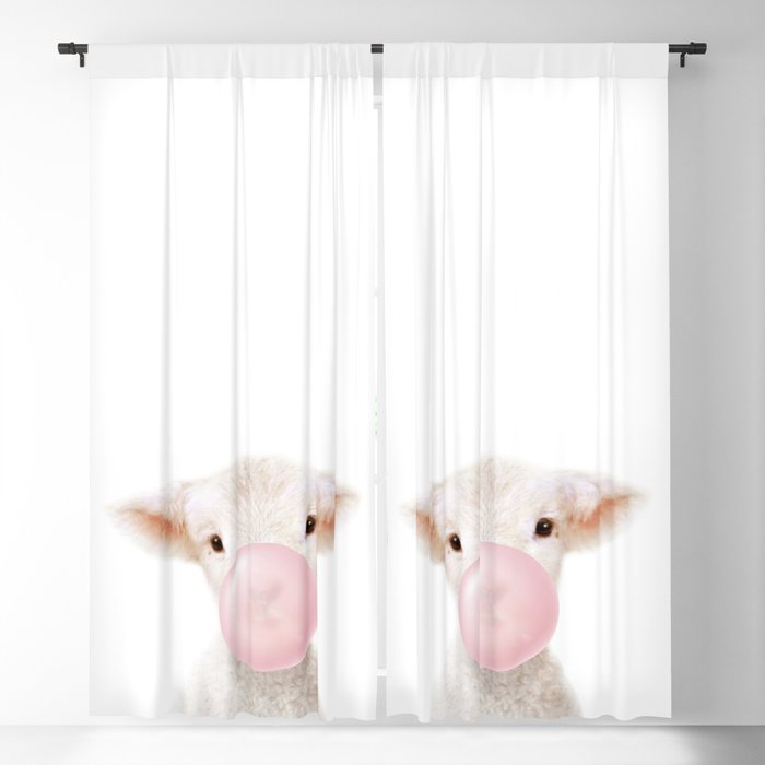 Baby White Lamb Blowing Bubble Gum, Pink Nursery, Baby Animals Art Print by Synplus Blackout Curtain