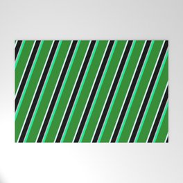 [ Thumbnail: Colorful Green, Forest Green, Light Cyan, Black & Grey Colored Lined Pattern Welcome Mat ]