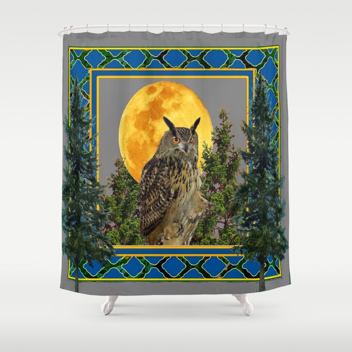 Wilderness Owl With Full Moon Pine Trees Shower Curtain By