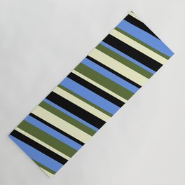 [ Thumbnail: Cornflower Blue, Dark Olive Green, Light Yellow, and Black Colored Lines/Stripes Pattern Yoga Mat ]