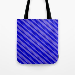 [ Thumbnail: Slate Blue and Blue Colored Stripes/Lines Pattern Tote Bag ]
