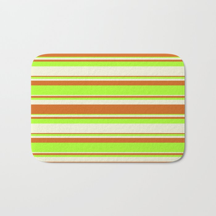 Beige, Chocolate & Light Green Colored Lined/Striped Pattern Bath Mat