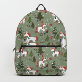 Christmas Winter Unicorn Pattern Backpack | Pony, Horse, Tree, Ornament, Christmas Tree, Snow, Xmas, Festive, Green, Holiday 