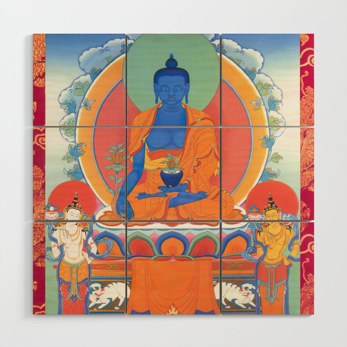 Bhaisajyaguru (Medicine buddha) with Sunlight Bodhisattva and Moonlight Bodhisattva Wood Wall Art