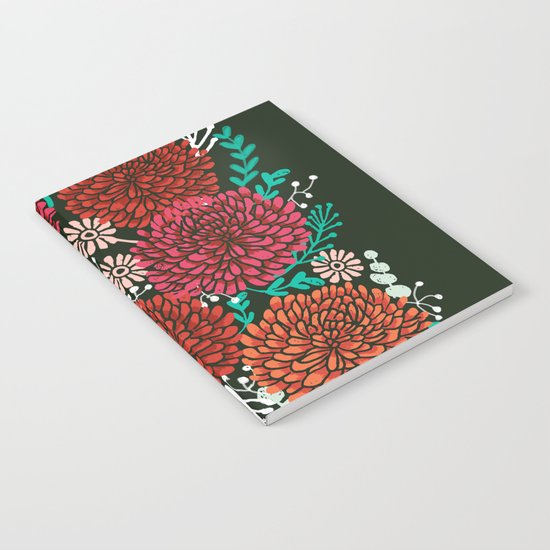 Chrysanthemums - Floral, Flower, Vintage, Design, Illustration by Andrea Lauren Notebook