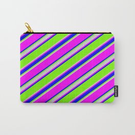 [ Thumbnail: Green, Light Gray, Fuchsia & Blue Colored Stripes/Lines Pattern Carry-All Pouch ]