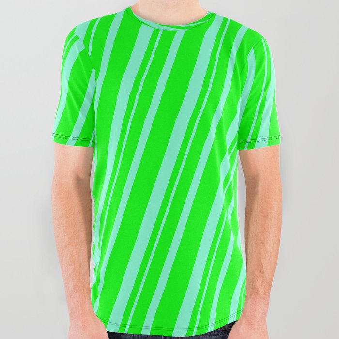 Lime & Aquamarine Colored Striped Pattern All Over Graphic Tee