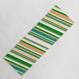 [ Thumbnail: Vibrant Brown, Dark Cyan, Tan, White & Green Colored Striped Pattern Yoga Mat ]