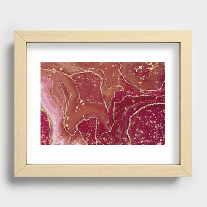 Pink and red agate marble with gold lines. Alcohol ink fluid abstract texture fluid art with gold glitter and liquid Recessed Framed Print