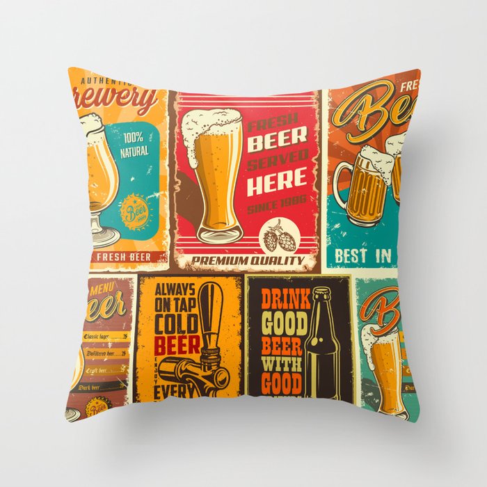 Set of beer poster in vintage style with grunge textures and beer objects Throw Pillow