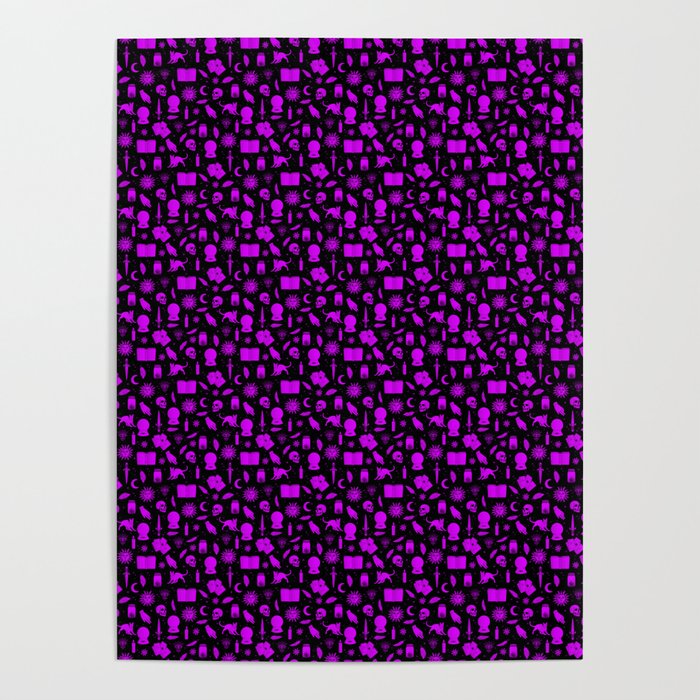 Small Bright Dayglo Purple Halloween Motifs Skulls, Spells & Cats on Spooky Black  Poster