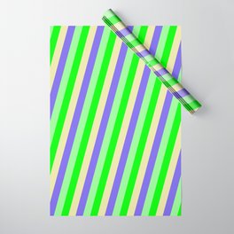 [ Thumbnail: Lime, Pale Goldenrod, Medium Slate Blue, and Green Colored Lined/Striped Pattern Wrapping Paper ]