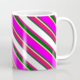 [ Thumbnail: Mint Cream, Crimson, Fuchsia & Dark Green Colored Striped/Lined Pattern Coffee Mug ]