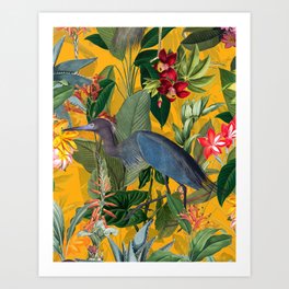 Vintage & Shabby Chic - Sunny Tropical Garden Blue Heron Art Print