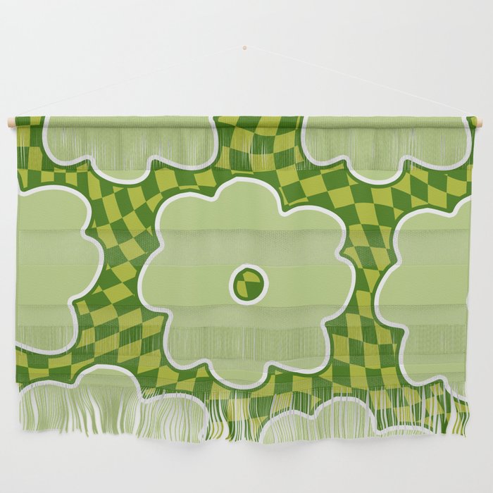 Retro 70s Sage Green Flowers on Checker Wall Hanging