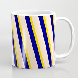 [ Thumbnail: Yellow, Blue, and Bisque Colored Stripes Pattern Coffee Mug ]