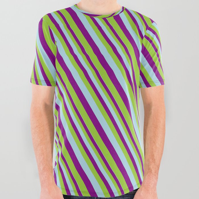 Light Blue, Purple & Green Colored Pattern of Stripes All Over Graphic Tee