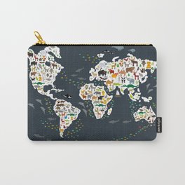 Cartoon animal world map for children, kids, Animals from all over the world, back to school, gray Carry-All Pouch