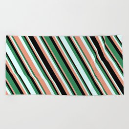 [ Thumbnail: Sea Green, Light Cyan, Dark Salmon, and Black Colored Striped/Lined Pattern Beach Towel ]