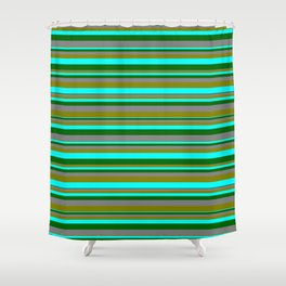 [ Thumbnail: Grey, Green, Aqua & Dark Green Colored Stripes/Lines Pattern Shower Curtain ]