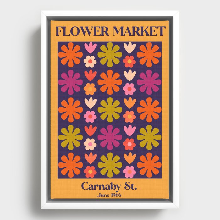 Flower Market Retro 60s 70s Floral Marigold Purple Lime Orange Pink Framed Canvas