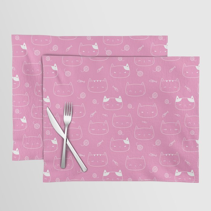 Pink and White Doodle Kitten Faces Pattern Placemat