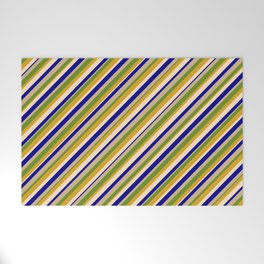 [ Thumbnail: Vibrant Dark Blue, Tan, Green, Goldenrod & Bisque Colored Striped Pattern Welcome Mat ]