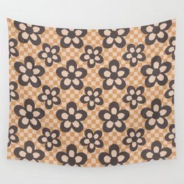 Cute 60s Retro Pattern (Hand-drawn Checks and Flower - Muted Browns and Beiges) Wall Tapestry