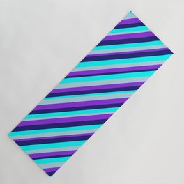 [ Thumbnail: Midnight Blue, Aqua, Light Blue, and Purple Colored Lined/Striped Pattern Yoga Mat ]