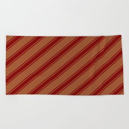 [ Thumbnail: Sienna and Maroon Colored Lined/Striped Pattern Beach Towel ]