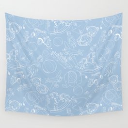 Pale Blue and White Toys Outline Pattern Wall Tapestry