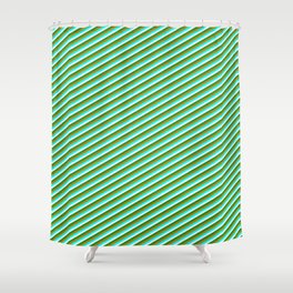 [ Thumbnail: Dark Goldenrod, Cyan, Mint Cream & Forest Green Colored Stripes/Lines Pattern Shower Curtain ]