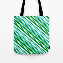 [ Thumbnail: Green, Turquoise & Light Cyan Colored Lined/Striped Pattern Tote Bag ]
