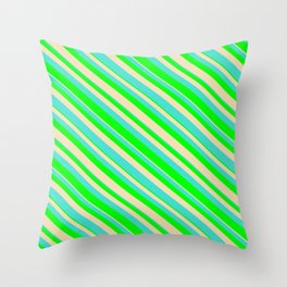 [ Thumbnail: Turquoise, Lime & Tan Colored Lined Pattern Throw Pillow ]
