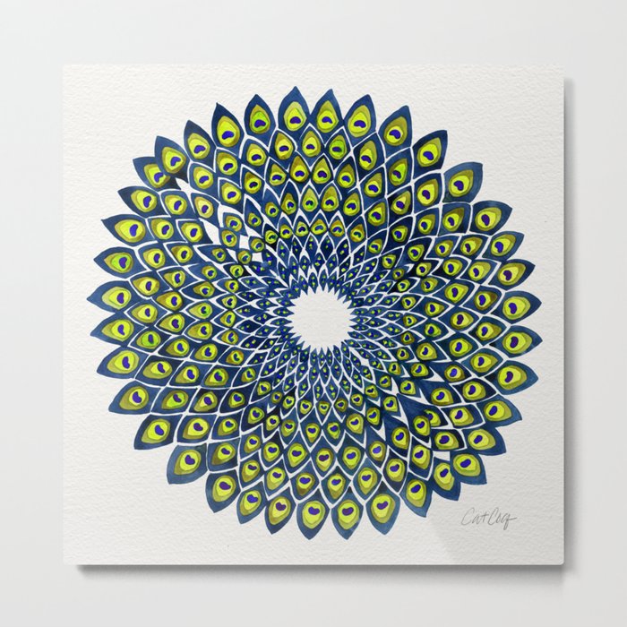 Peacock Feather Mandala – Navy & Lime Palette Metal Print