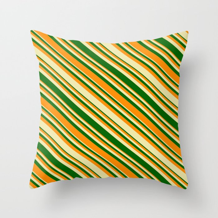 Pale Goldenrod, Dark Green, and Dark Orange Colored Lined/Striped Pattern Throw Pillow