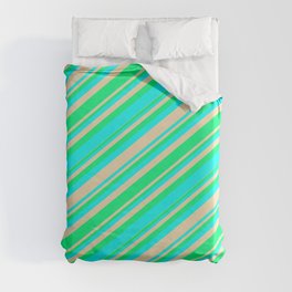 [ Thumbnail: Green, Aqua, and Tan Colored Stripes/Lines Pattern Duvet Cover ]