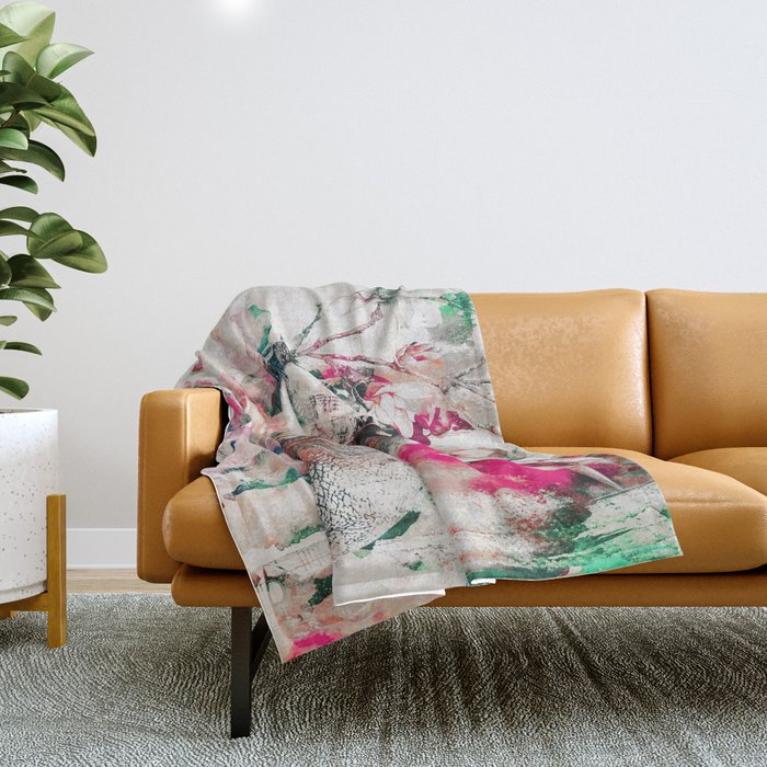 Watercolor Elephant and Flowers Throw Blanket