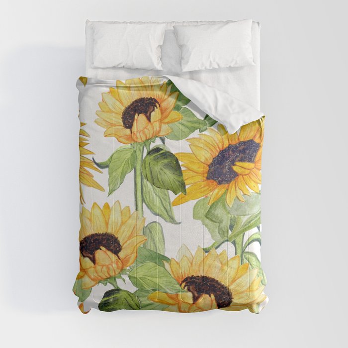 Sunflower art, watercolor floral Comforter