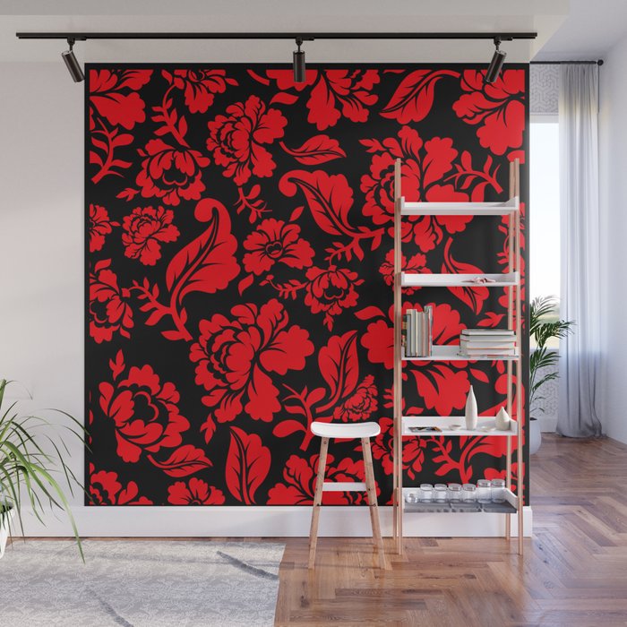 Red Roses on Black Background Floral Pattern Wall Mural