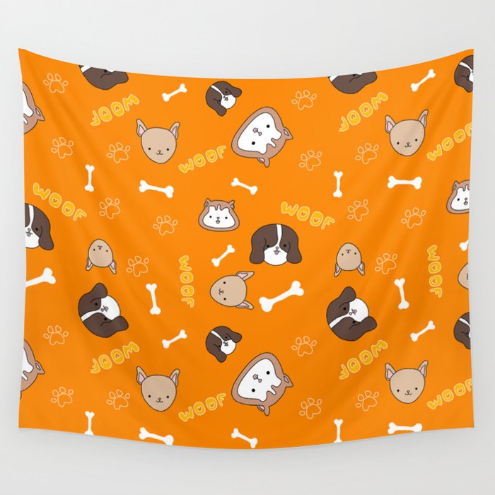Orange pattern with cute, funny happy dogs. Paws print, bones, woof text and pets. Wall Tapestry