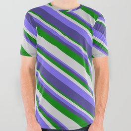 [ Thumbnail: Green, Light Gray, Medium Slate Blue, and Dark Slate Blue Colored Striped Pattern All Over Graphic Tee ]