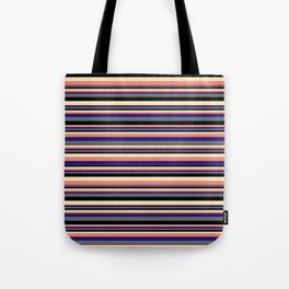 [ Thumbnail: Vibrant Beige, Light Coral, Midnight Blue, Dim Gray, and Black Colored Pattern of Stripes Tote Bag ]