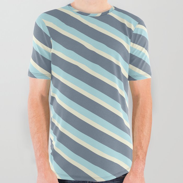 Powder Blue, Beige & Slate Gray Colored Stripes/Lines Pattern All Over Graphic Tee