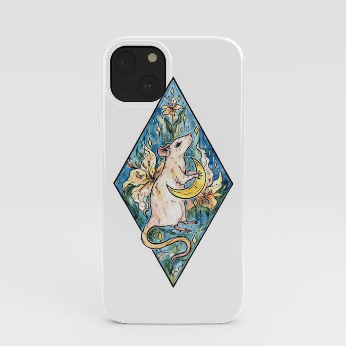 Rat with moon and lily ~ watercolor illustration iPhone Case